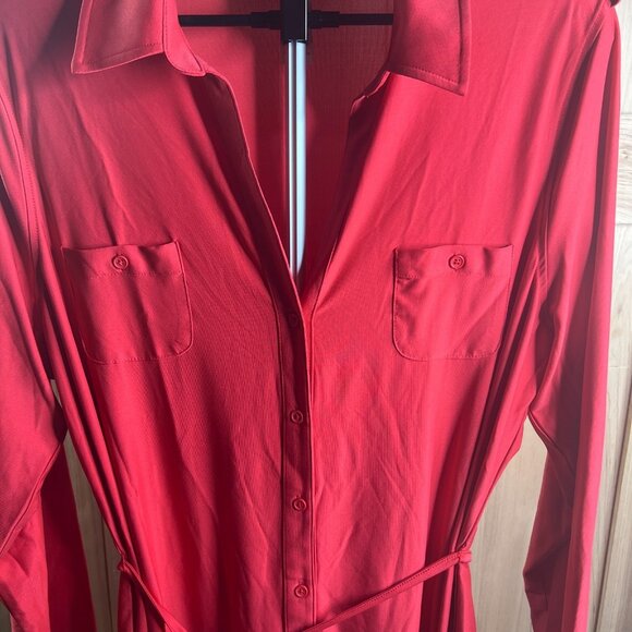 Womens Red Button Front Shirt Dress Belted Long Sleeve 1X Career Casual Stretchy - Picture 4 of 9